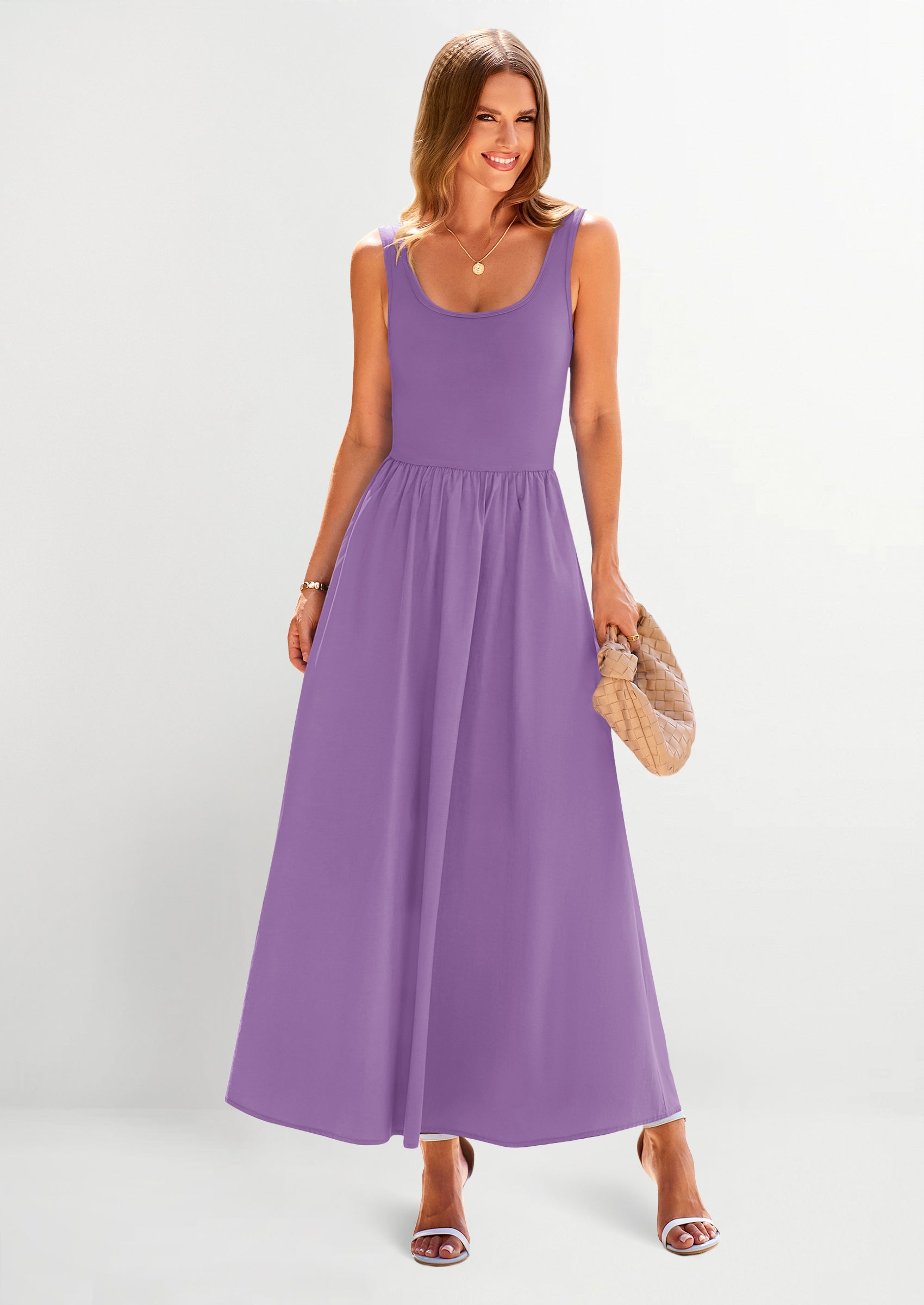 PRETTYGARDEN Womens Summer Casual Scoop Neck Sleeveless Long Dresses Tank Top Patchwork Aline Swing Maxi Dress with Pockets