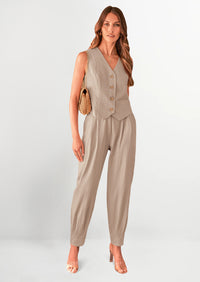 PRETTYGARDEN Two Piece V Neck Button Front Cropped Tank Tops Vest Pockets Pants Cotton Sets