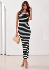 PRETTYGARDEN Sundresses for Women Summer Striped Knit Side Slit Spring Fashion Bodycon Maxi Dress Beach Vacation Clothes PRETTYGARDEN