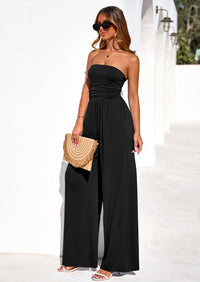 PRETTYGARDEN Womens Trendy Strapless Rompers Ruched Tube Top Wide Leg One Piece Jumpsuits Beach Vacation Summer Outfits PRETTYGARDEN