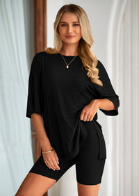 PRETTYGARDEN Women's Two Piece Lounge Set Summer Casual Oversized Shirts Biker Shorts Matching Airport Travel Outfit