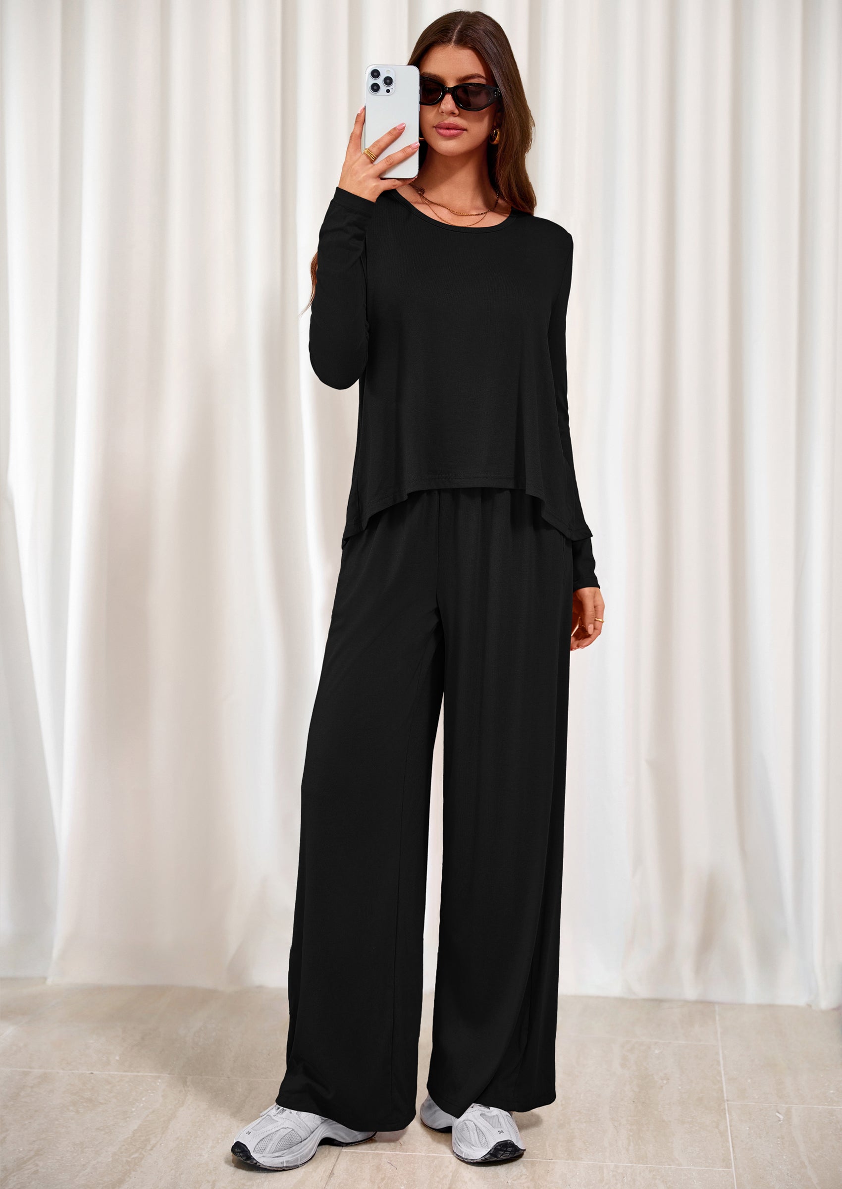 PRETTYGARDEN Women's 2 Piece Fall Sets  Casual Long Sleeve Shirts Wide Leg Pants Lounge Travel Outfits Fashion Clothing