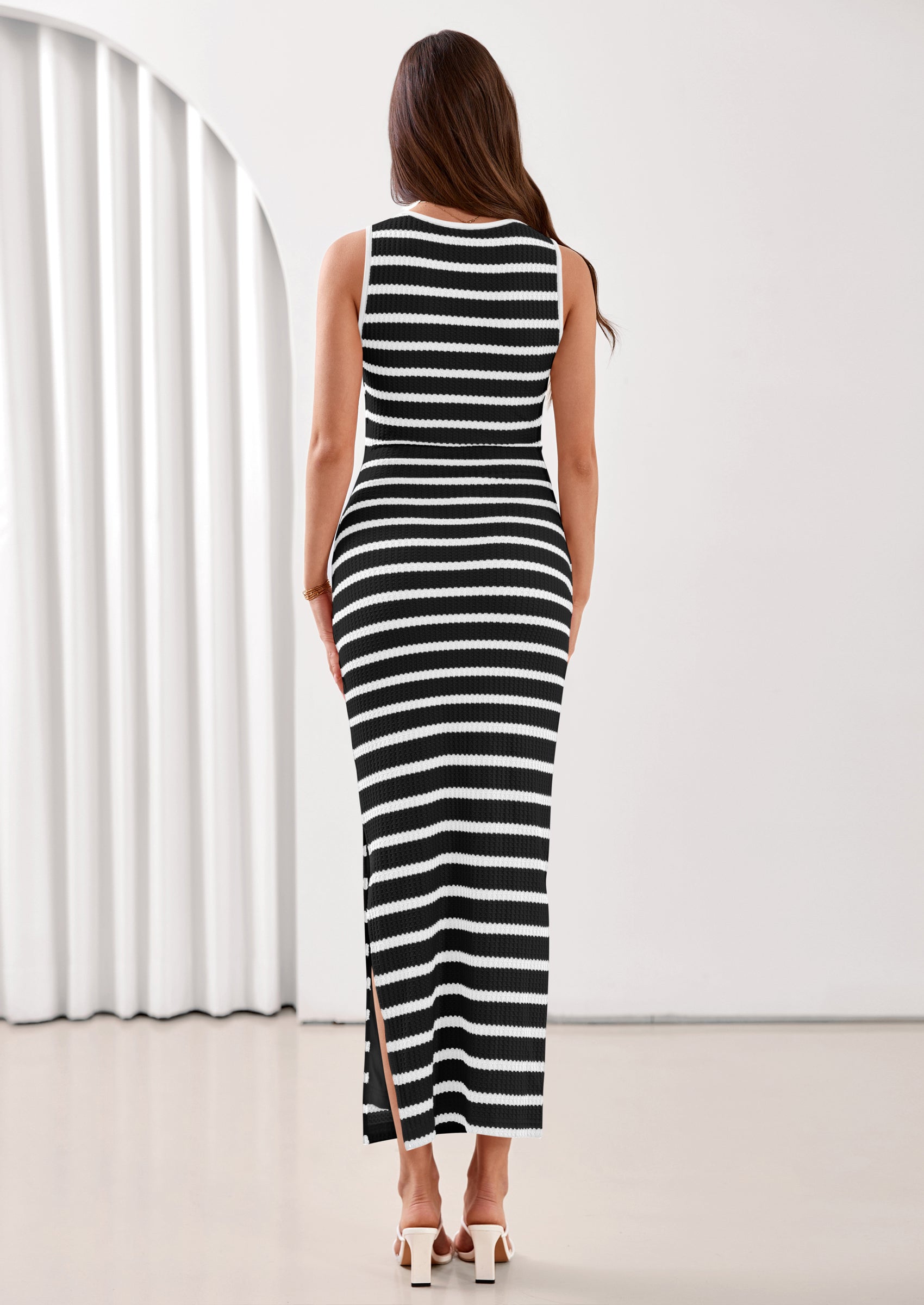 PRETTYGARDEN Sundresses for Women Summer Striped Knit Side Slit Spring Fashion Bodycon Maxi Dress Beach Vacation Clothes PRETTYGARDEN