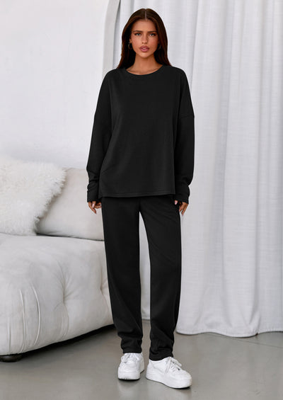 PRETTYGARDEN Womens 2 Piece Matching Lounge Sets Fall Long Sleeve Boatneck Sweatsuit Drawstring Sweatpants Pockets