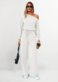 PRETTYGARDEN Long Sleeve Jumpsuit For Women Dressy Off Shoulder One Piece Loose Wide Leg Jumpsuits Casual Flowy Romper