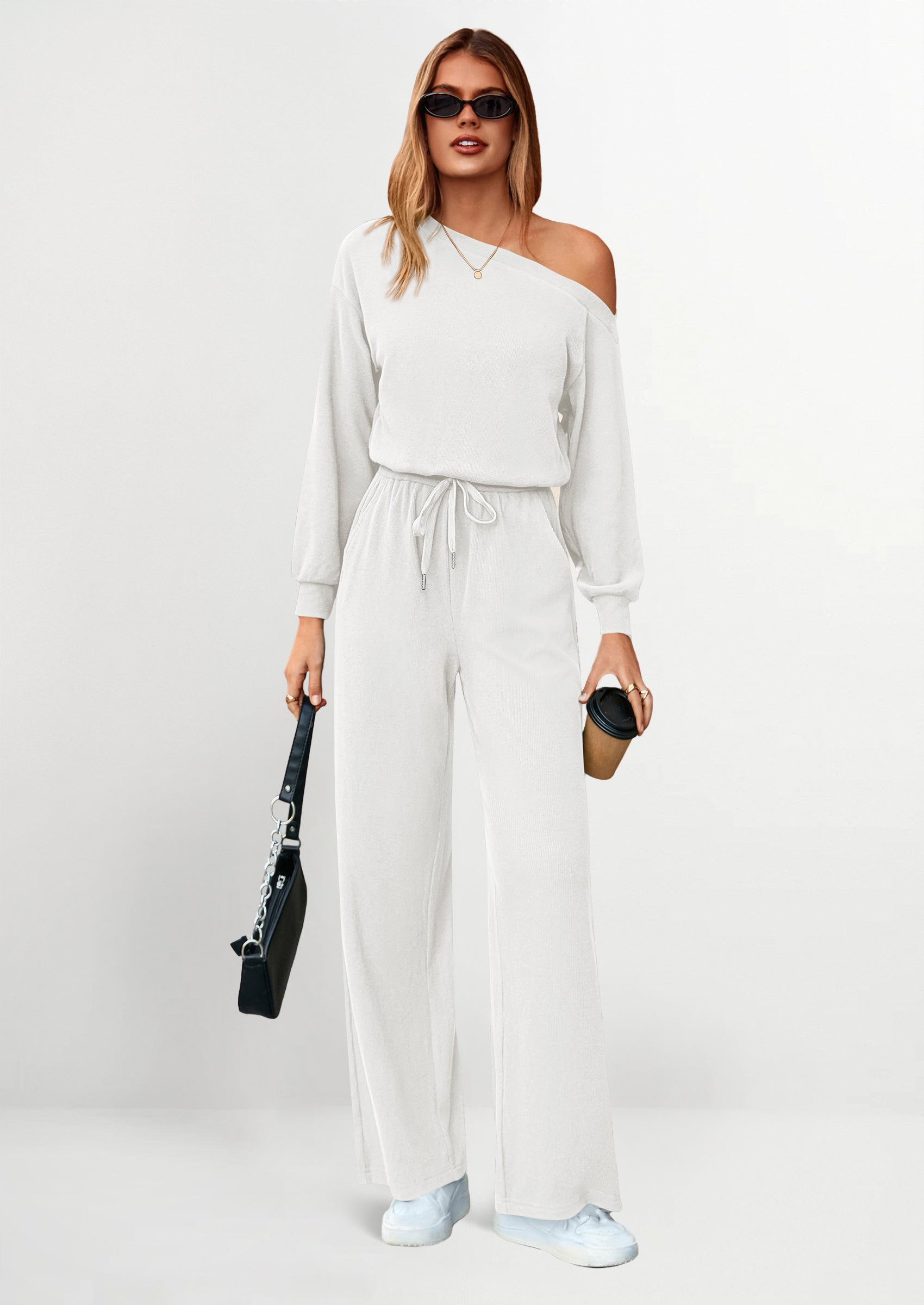 PRETTYGARDEN Long Sleeve Jumpsuit For Women Dressy Off Shoulder One Piece Loose Wide Leg Jumpsuits Casual Flowy Romper