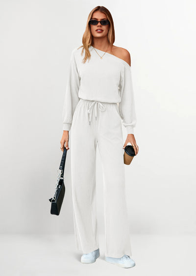 PRETTYGARDEN Long Sleeve Jumpsuit For Women Dressy Off Shoulder One Piece Loose Wide Leg Jumpsuits Casual Flowy Romper