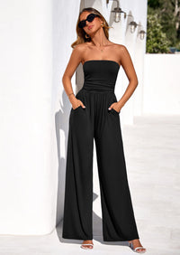 PRETTYGARDEN Womens Trendy Strapless Rompers Ruched Tube Top Wide Leg One Piece Jumpsuits Beach Vacation Summer Outfits PRETTYGARDEN