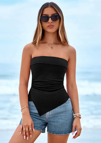 PRETTYGARDEN Tube Tops for Women Summer Strapless Asymmetrical Ruched Bandeau Shirts Trendy Spring Going Out Outfits PRETTYGARDEN