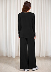 PRETTYGARDEN Women's 2 Piece Fall Sets  Casual Long Sleeve Shirts Wide Leg Pants Lounge Travel Outfits Fashion Clothing