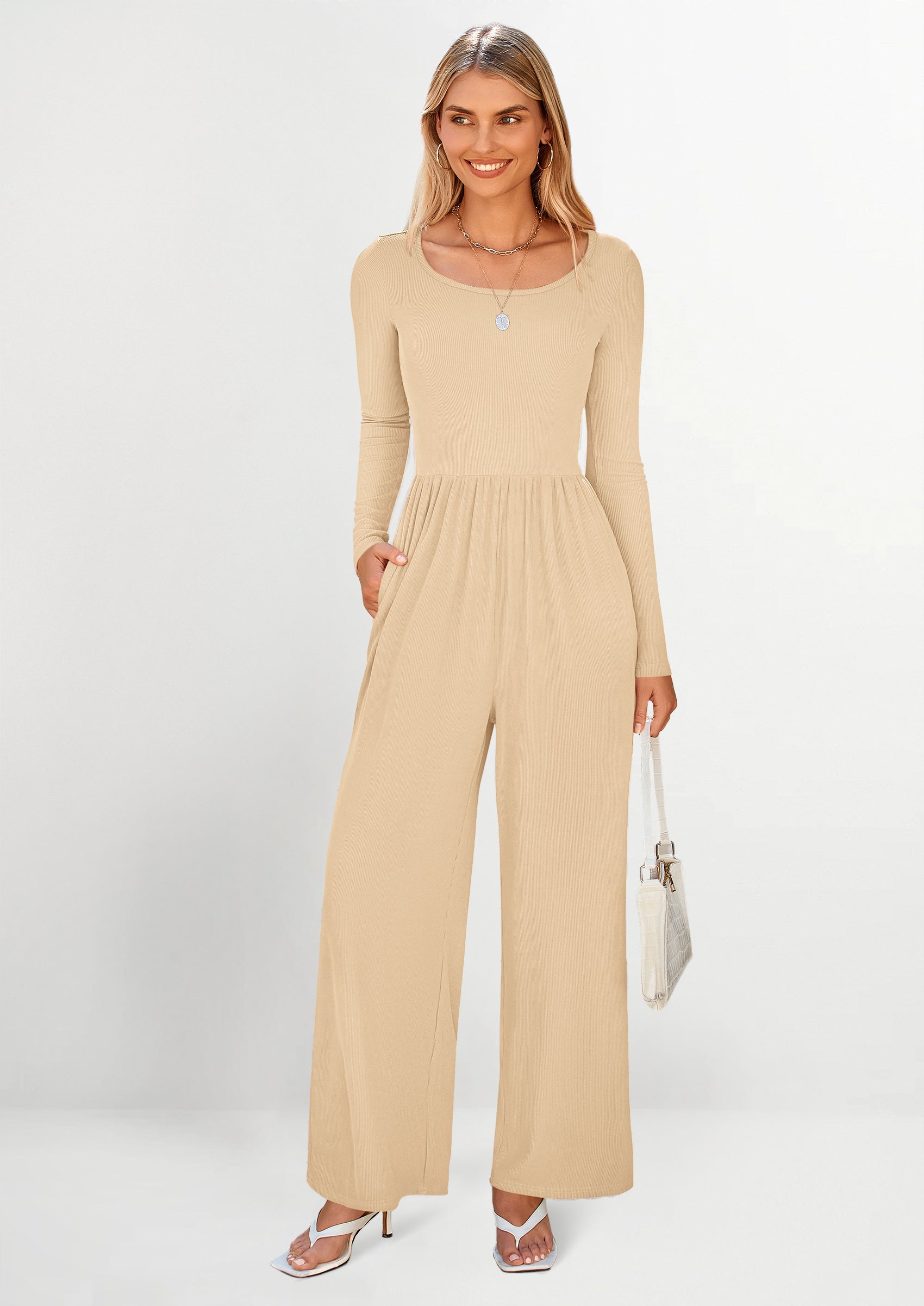 PRETTYGARDEN Fashion Jumpsuits Dressy Casual Long Sleeve Wide Leg Ribbed Knit Rompers