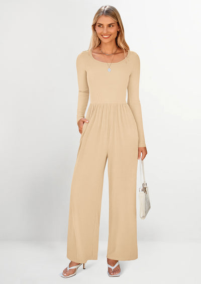 PRETTYGARDEN Fashion Jumpsuits Dressy Casual Long Sleeve Wide Leg Ribbed Knit Rompers