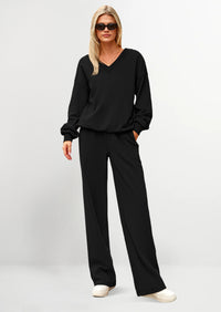 PRETTYGARDEN Casual Winter Two Piece Sets for Women V Neck Sweatshirt Loose Wide Leg Pants Tracksuit Knit Fall Outfits