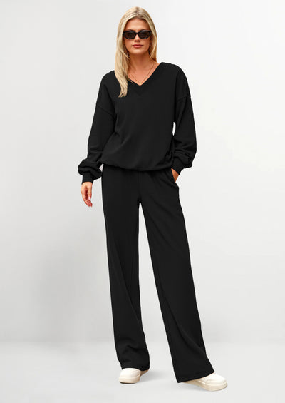PRETTYGARDEN Casual Winter Two Piece Sets for Women V Neck Sweatshirt Loose Wide Leg Pants Tracksuit Knit Fall Outfits
