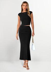 PRETTYGARDEN Summer 2 Piece Sets for Women Going Out Casual Cap Sleeve Crop Tops Ruched Maxi Long Skirts Spring Outfits