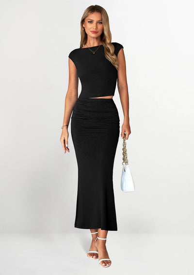 PRETTYGARDEN Summer 2 Piece Sets for Women Going Out Casual Cap Sleeve Crop Tops Ruched Maxi Long Skirts Spring Outfits