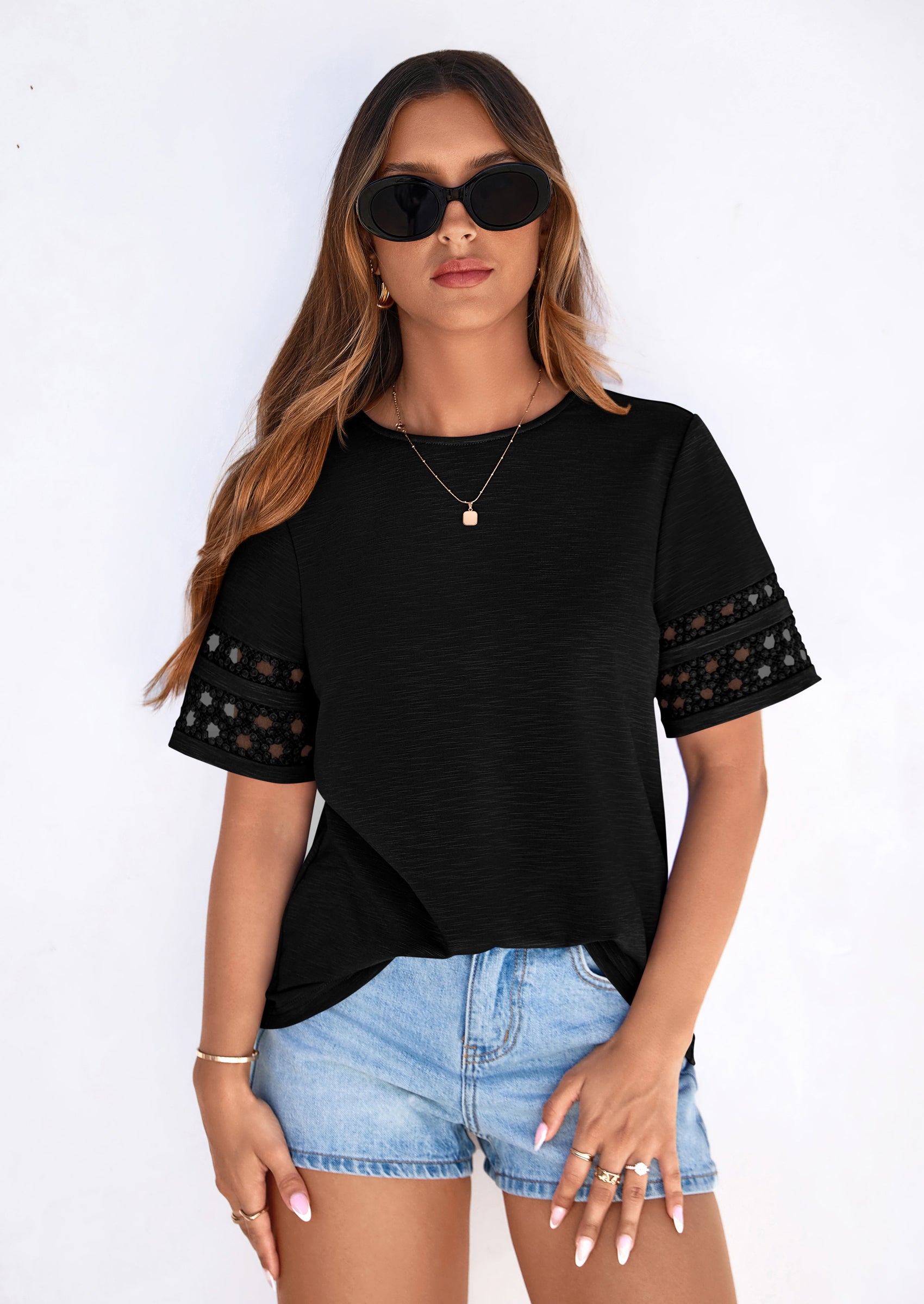 PRETTYGARDEN Summer Tops for Women Lace Short Sleeve T-Shirts Casual Blouses Spring Fashion Clothes Vacation Outfits PRETTYGARDEN