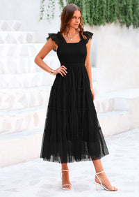 PRETTYGARDEN Women's Tulle Midi Dress Sleeveless Smocked Ruffle Mesh Flowy Dresses Party Wedding Guest Sundress