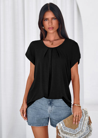 PRETTYGARDEN Summer Tops for Women Short Sleeve Crew Neck Pleated T Shirts Dressy Casual Blouses Spring Fashion Clothes PRETTYGARDEN