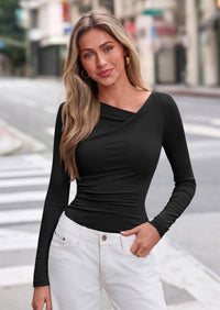 PRETTYGARDEN Women's Long Sleeve T Shirts Asymmetrical Y2K Slim Fitted Going Out Trendy Tops Early Fall Fashion Clothing