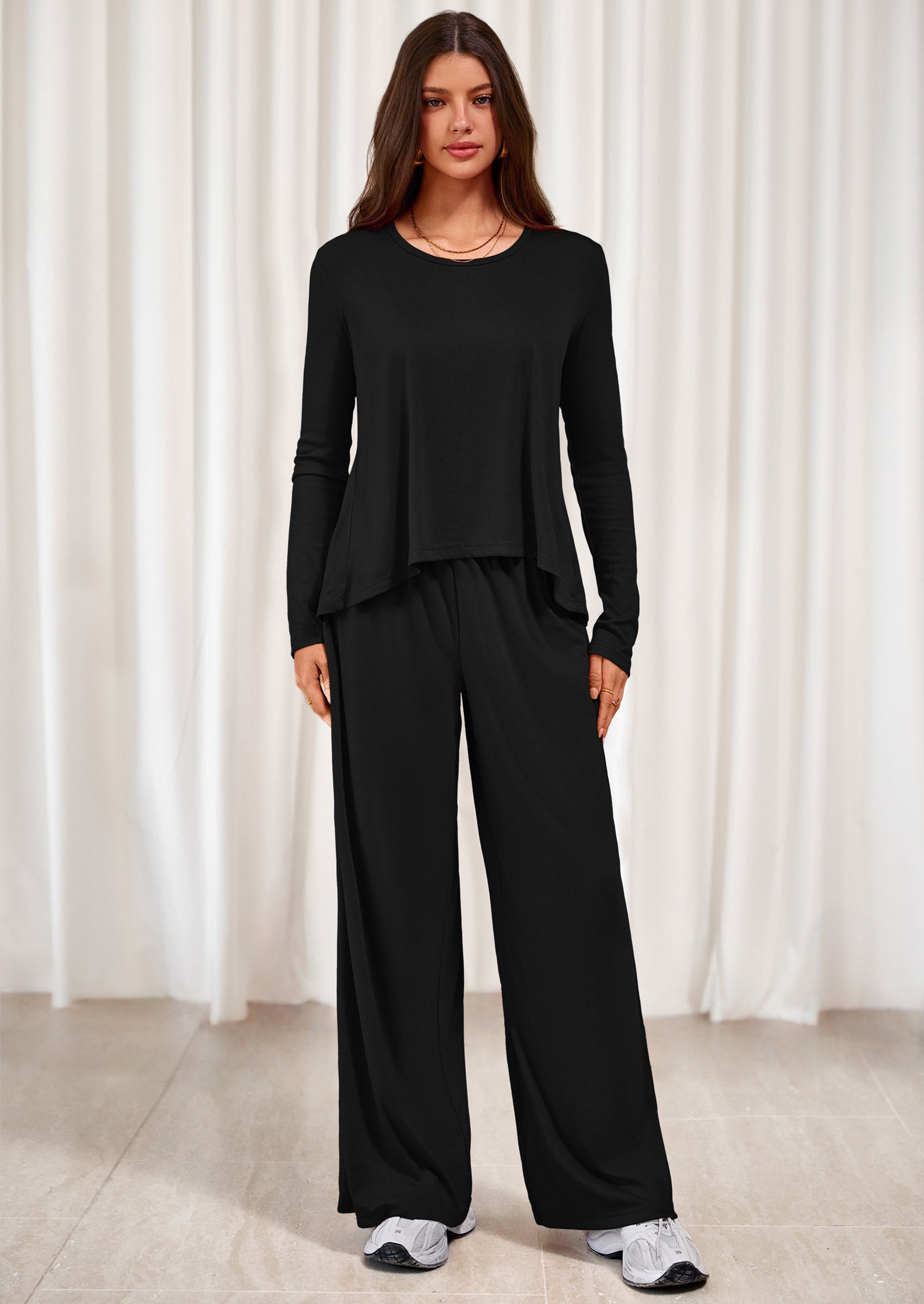 PRETTYGARDEN Women's 2 Piece Fall Sets  Casual Long Sleeve Shirts Wide Leg Pants Lounge Travel Outfits Fashion Clothing