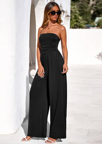 PRETTYGARDEN Womens Trendy Strapless Rompers Ruched Tube Top Wide Leg One Piece Jumpsuits Beach Vacation Summer Outfits PRETTYGARDEN