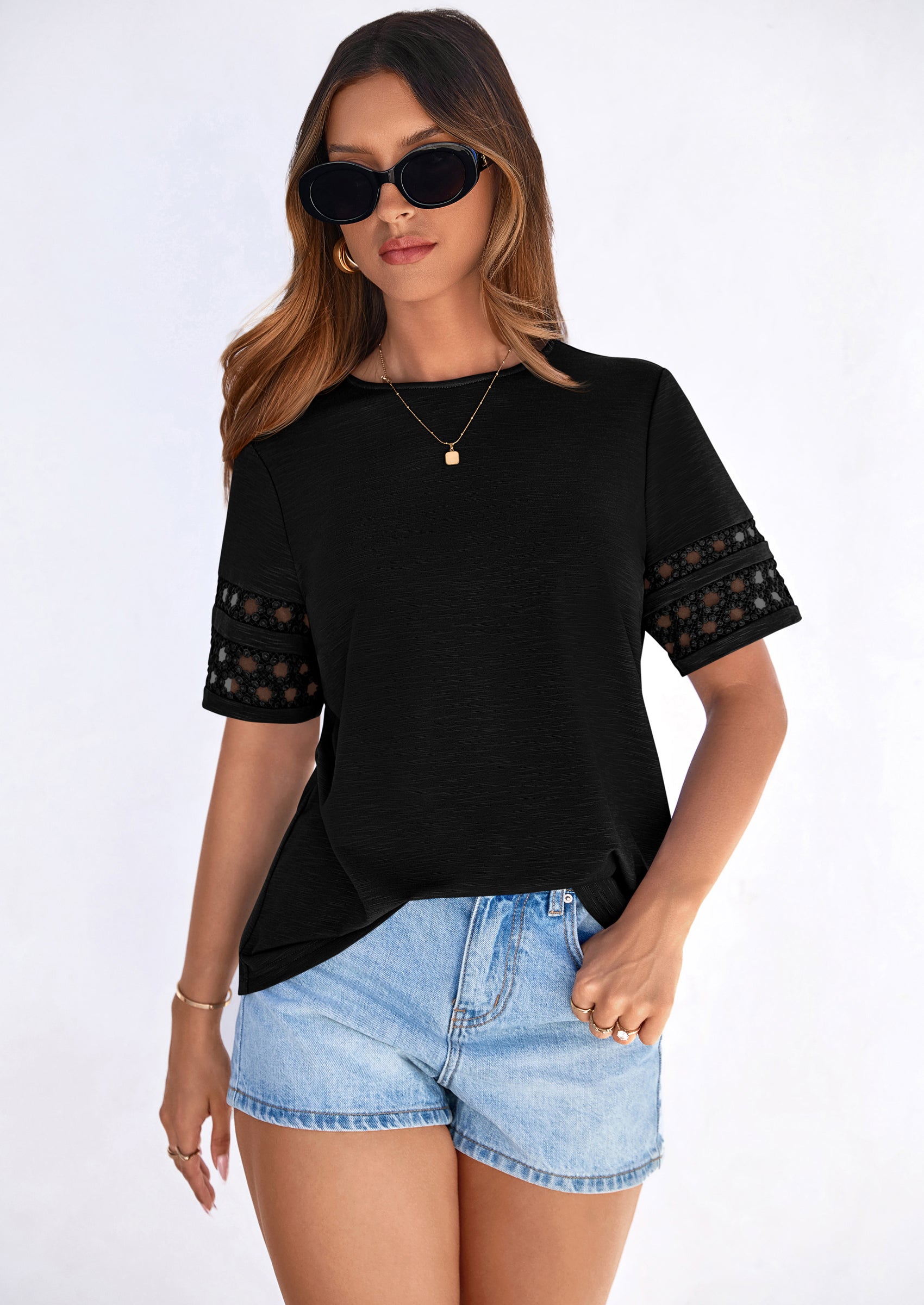 PRETTYGARDEN Summer Tops for Women Lace Short Sleeve T-Shirts Casual Blouses Spring Fashion Clothes Vacation Outfits PRETTYGARDEN