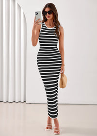 PRETTYGARDEN Sundresses for Women Summer Striped Knit Side Slit Spring Fashion Bodycon Maxi Dress Beach Vacation Clothes PRETTYGARDEN