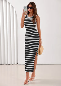 PRETTYGARDEN Sundresses for Women Summer Striped Knit Side Slit Spring Fashion Bodycon Maxi Dress Beach Vacation Clothes PRETTYGARDEN