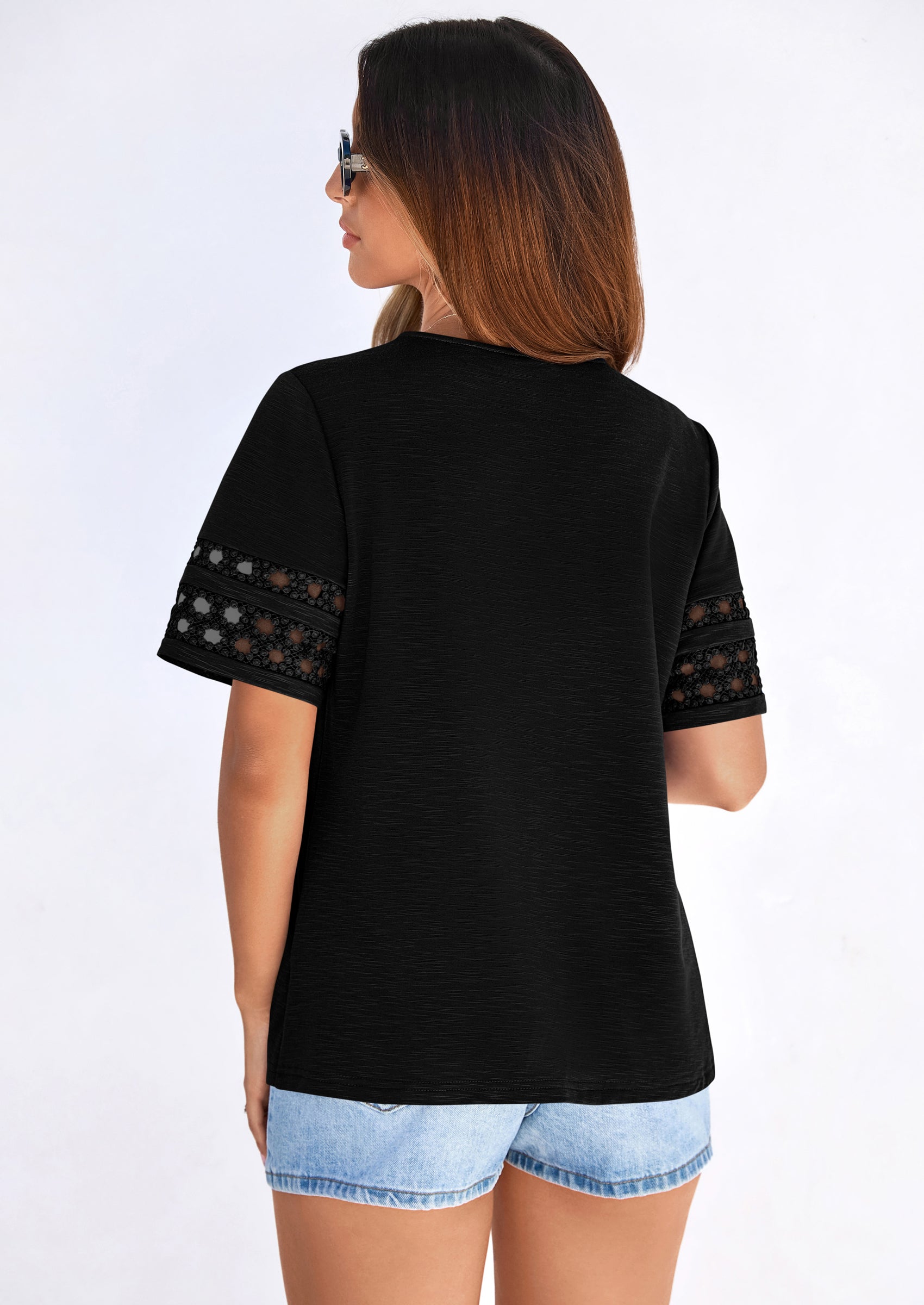 PRETTYGARDEN Summer Tops for Women Lace Short Sleeve T-Shirts Casual Blouses Spring Fashion Clothes Vacation Outfits PRETTYGARDEN