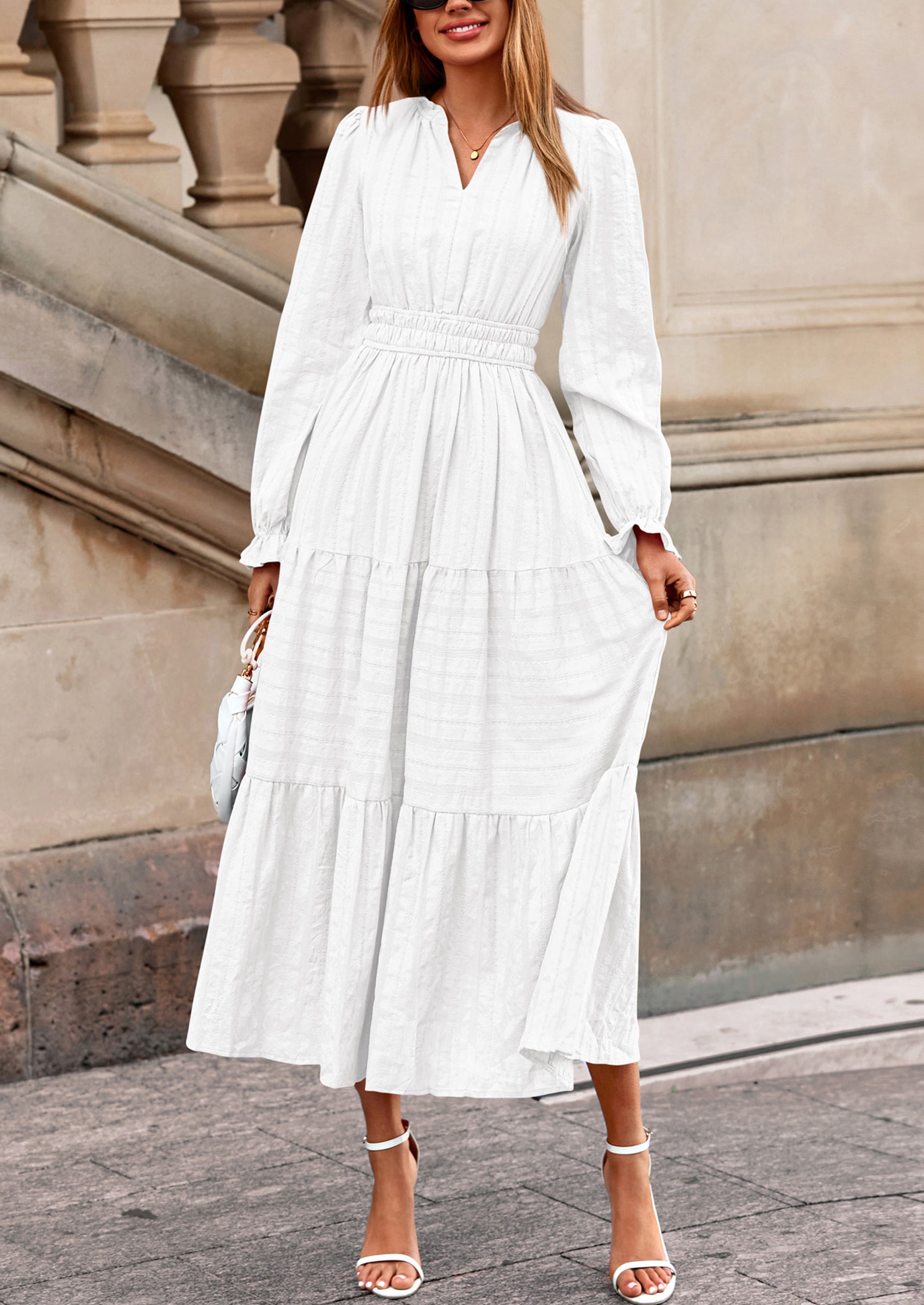 PRETTYGARDEN Women's Fall Wedding Guest Dresses Long Sleeve V Neck Flowy Elegant Holiday Party Maxi Dress with Pockets