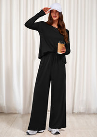 PRETTYGARDEN Women's 2 Piece Fall Sets  Casual Long Sleeve Shirts Wide Leg Pants Lounge Travel Outfits Fashion Clothing