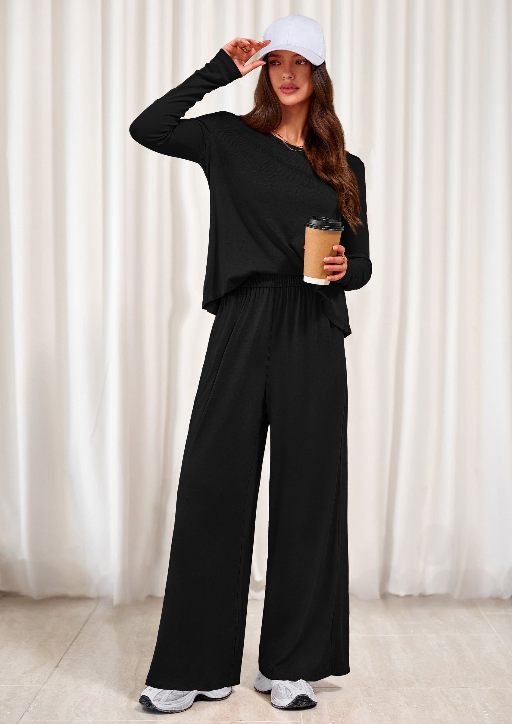 PRETTYGARDEN Women's 2 Piece Fall Sets  Casual Long Sleeve Shirts Wide Leg Pants Lounge Travel Outfits Fashion Clothing