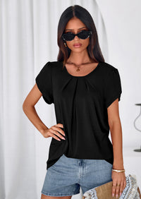 PRETTYGARDEN Summer Tops for Women Short Sleeve Crew Neck Pleated T Shirts Dressy Casual Blouses Spring Fashion Clothes PRETTYGARDEN