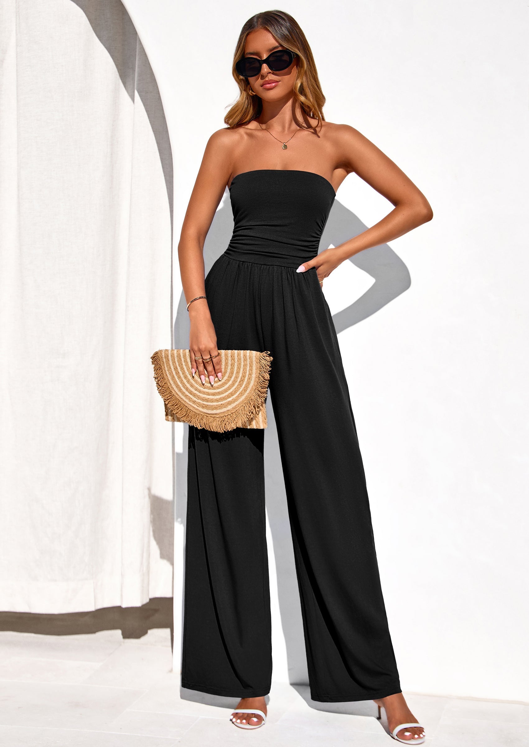 PRETTYGARDEN Womens Trendy Strapless Rompers Ruched Tube Top Wide Leg One Piece Jumpsuits Beach Vacation Summer Outfits PRETTYGARDEN