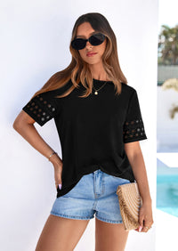 PRETTYGARDEN Summer Tops for Women Lace Short Sleeve T-Shirts Casual Blouses Spring Fashion Clothes Vacation Outfits PRETTYGARDEN