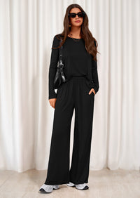 PRETTYGARDEN Women's 2 Piece Fall Sets  Casual Long Sleeve Shirts Wide Leg Pants Lounge Travel Outfits Fashion Clothing