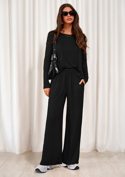 PRETTYGARDEN Women's 2 Piece Fall Sets  Casual Long Sleeve Shirts Wide Leg Pants Lounge Travel Outfits Fashion Clothing