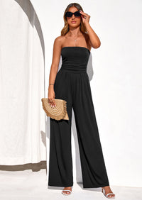 PRETTYGARDEN Womens Trendy Strapless Rompers Ruched Tube Top Wide Leg One Piece Jumpsuits Beach Vacation Summer Outfits PRETTYGARDEN