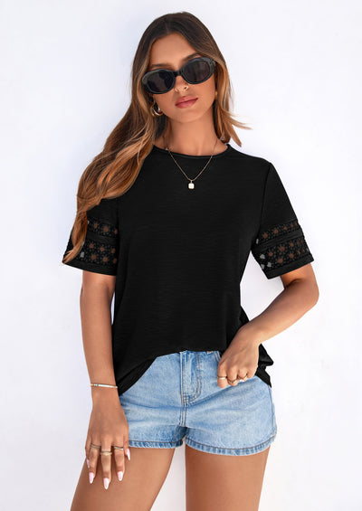 PRETTYGARDEN Summer Tops for Women Lace Short Sleeve T-Shirts Casual Blouses Spring Fashion Clothes Vacation Outfits PRETTYGARDEN