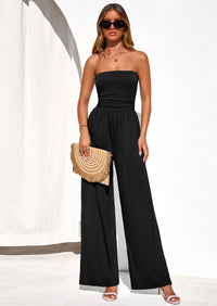 PRETTYGARDEN Womens Trendy Strapless Rompers Ruched Tube Top Wide Leg One Piece Jumpsuits Beach Vacation Summer Outfits PRETTYGARDEN