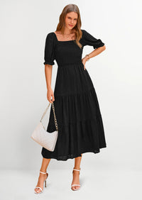 PRETTYGARDEN Women's Casual Midi Dresses Square Neck Short Sleeve Smocked A Line Floral Flowy Elegant Boho Dress