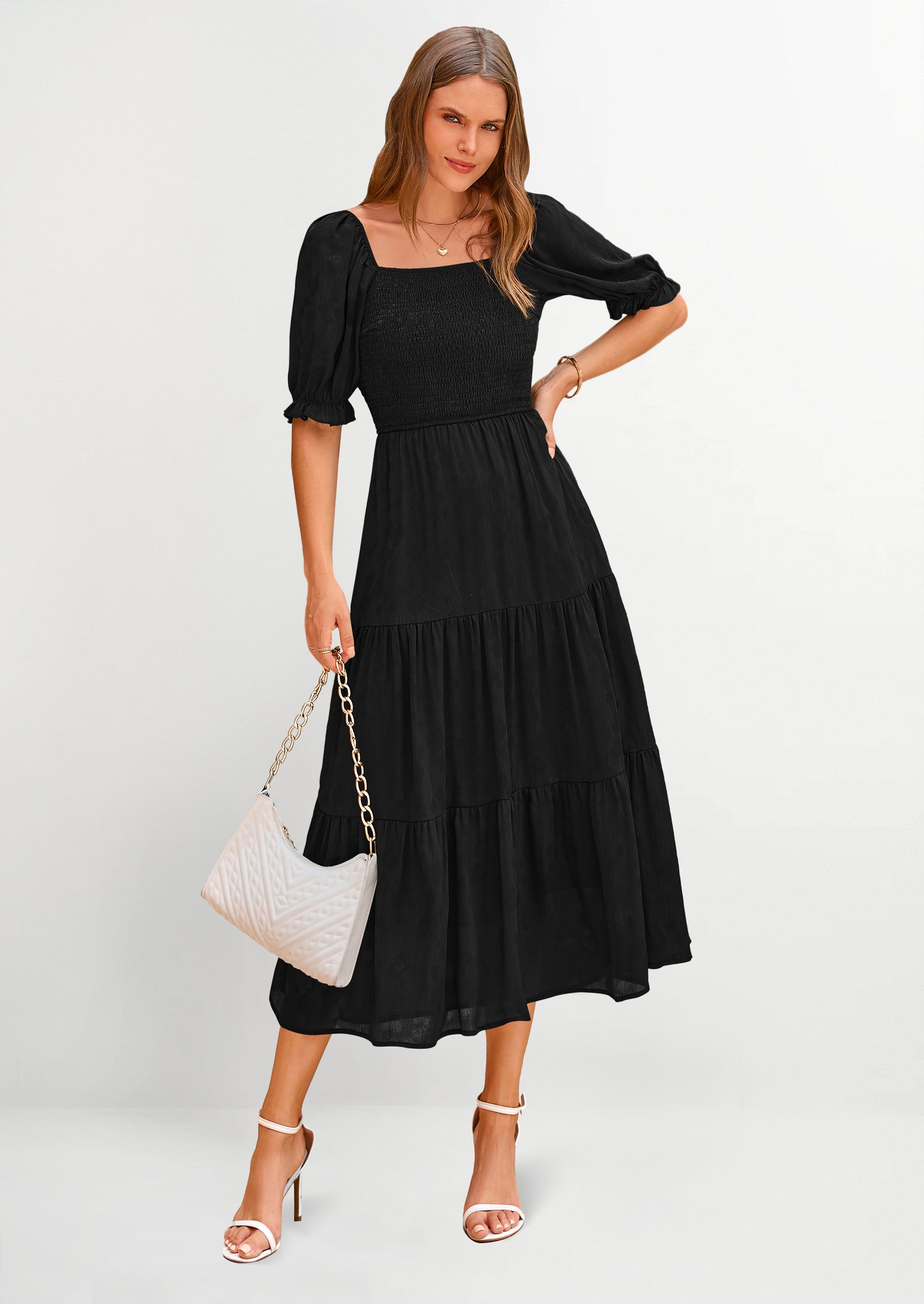 PRETTYGARDEN Women's Casual Midi Dresses Square Neck Short Sleeve Smocked A Line Floral Flowy Elegant Boho Dress