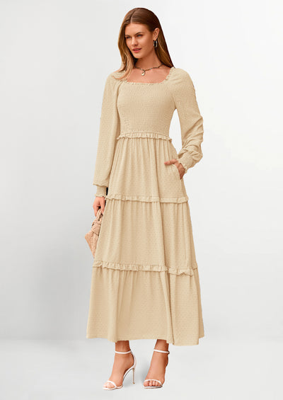 PRETTYGARDEN Women Fall Long Sleeve Smocked Maxi Dress Casual Square Neck Swiss Dot Tiered Ruffle Flowy Spring Pocket Dresses