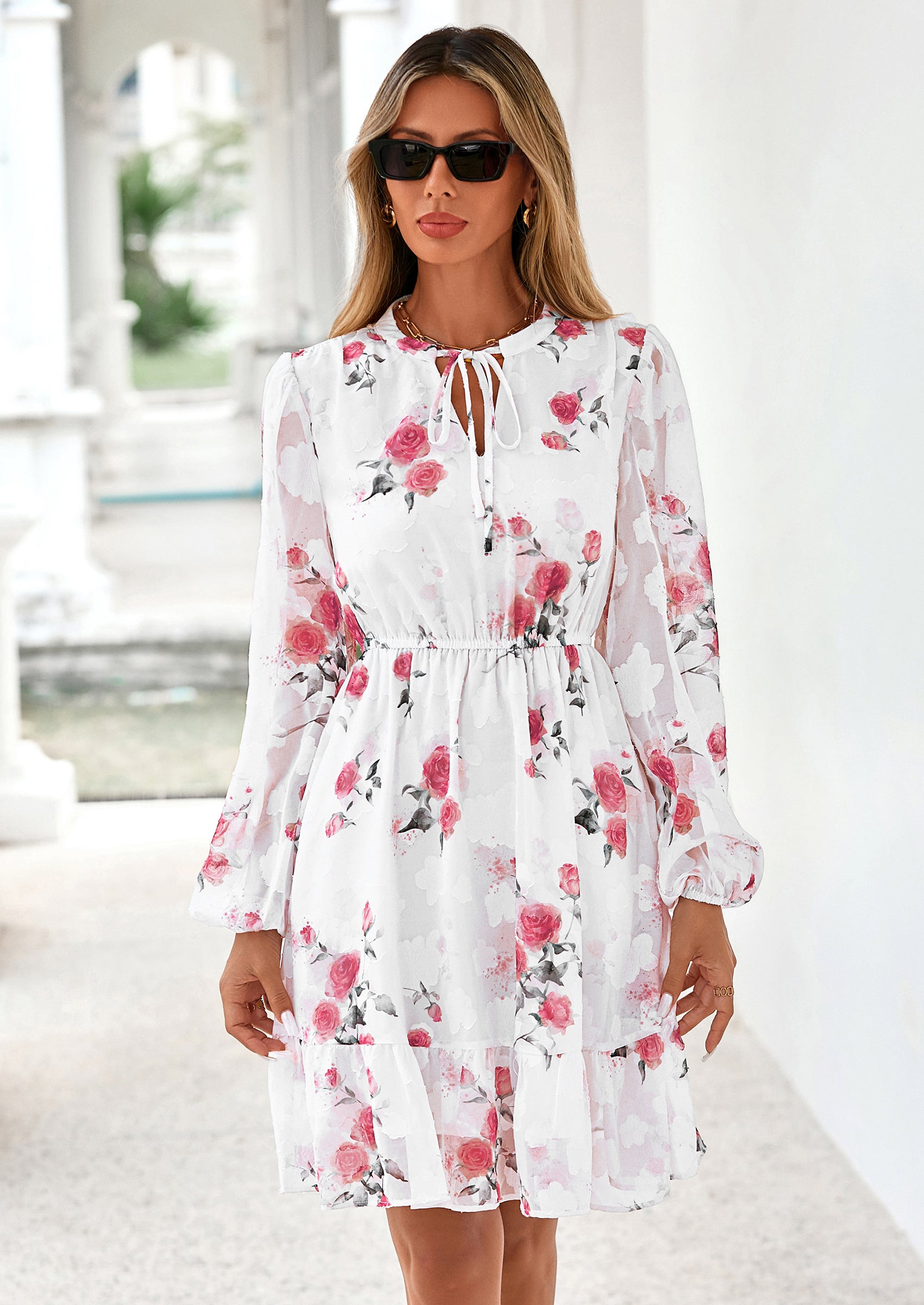 PRETTYGARDEN Women's Fall Boho Dresses Floral Long Sleeve V Neck Mini Flowy Wedding Guest Dress Trendy Vacation Outfits