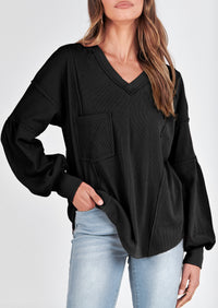 BTFBM Women's Ribbed Long Sleeve Tops Summer Spring Pullover Knit Casual V Neck Blouses Trendy Loose Fit Tunic Top