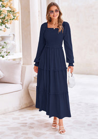 PRETTYGARDEN Fall Wedding Guest Dresses for Women Long Sleeve Square Neck Tiered A Line Modest Elegant Flowy Dresses