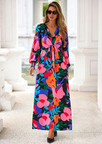 PRETTYGARDEN Women's Fall Boho Maxi Dress Floral Long Sleeve V Neck Flowy Belted Elegant Holiday Party Dresses