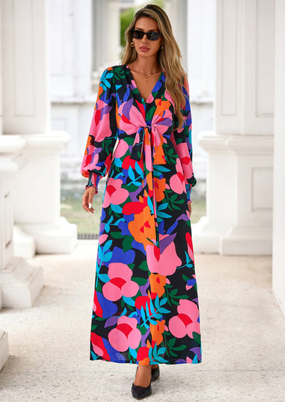 PRETTYGARDEN Women's Fall Boho Maxi Dress Floral Long Sleeve V Neck Flowy Belted Elegant Holiday Party Dresses