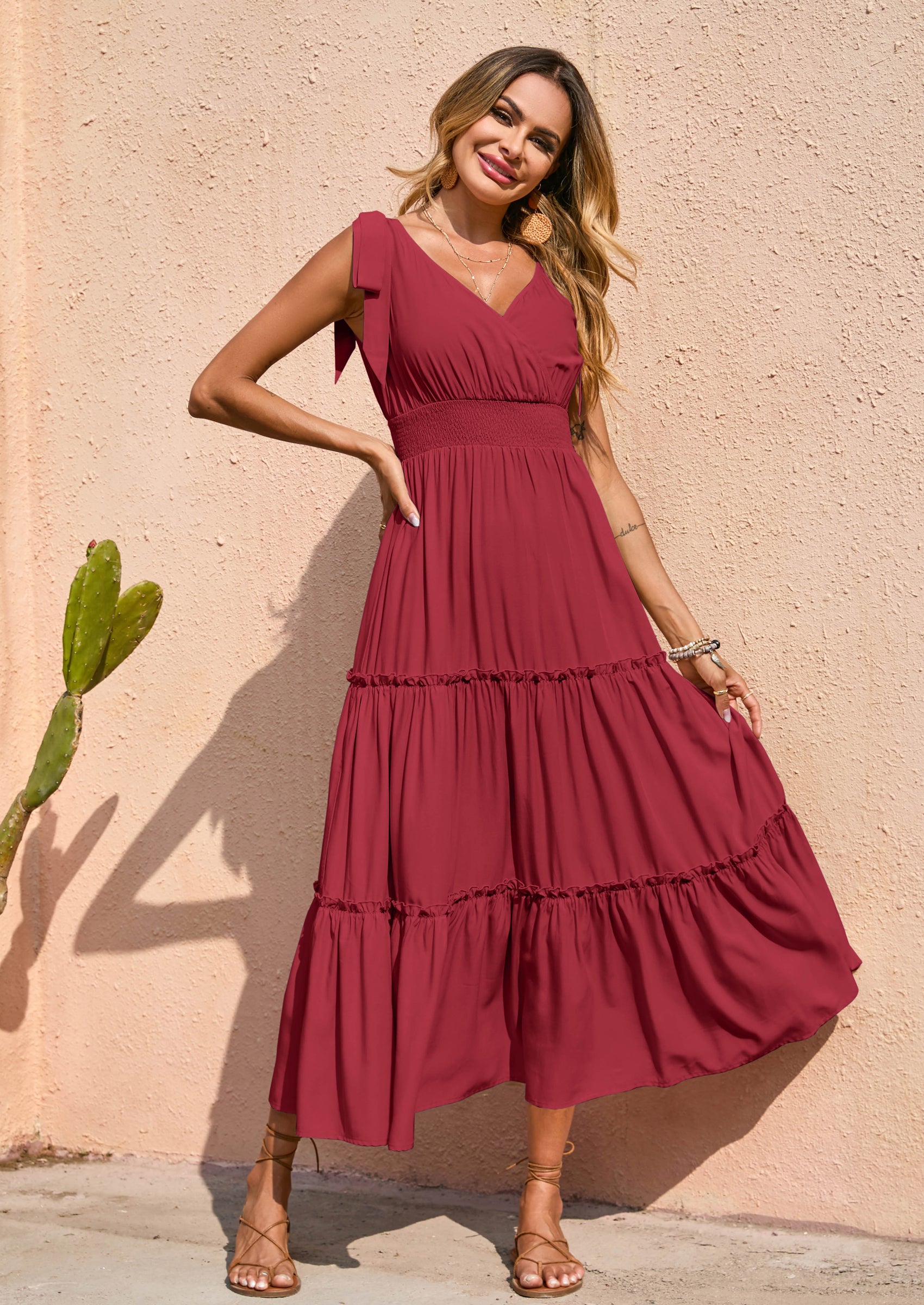 PRETTYGARDEN Women's Cross Neck Spring Sleeveless Tiered Maxi Dress Beach Tie Strap Smocked Long Dresses Pleated Sundress